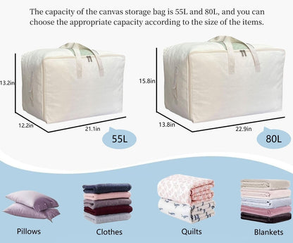 DoYiKe Soft Large Canvas Storage Bags with Zipper and Clear Window, Cotton Linen Storage Organizer for Pillows, Quilt, Blankets and Comforter, 80L, 4 Pack, Beige