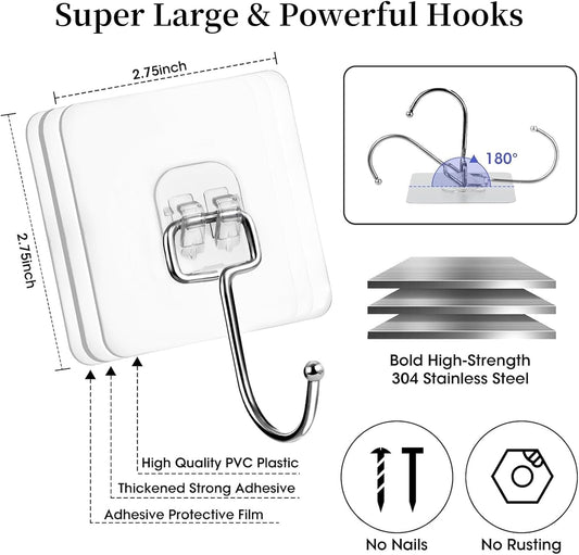10 PCS Adhesive Wall Hooks 33lb(Max) Reusable Anti-Skid Traceless Hooks Heavy Duty 180 Degree Rotating,Waterproof and Oilproof, Bathroom Kitchen Heavy Duty Self Adhesive