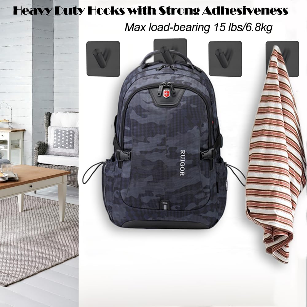 Fotosnow Matte Black Adhesive Wall Hooks, 15lbs Locking Curve Anti Slip Stainless Steel No Drill Stick On Hooks for Bathroom Shower Towel Coat Kitchen