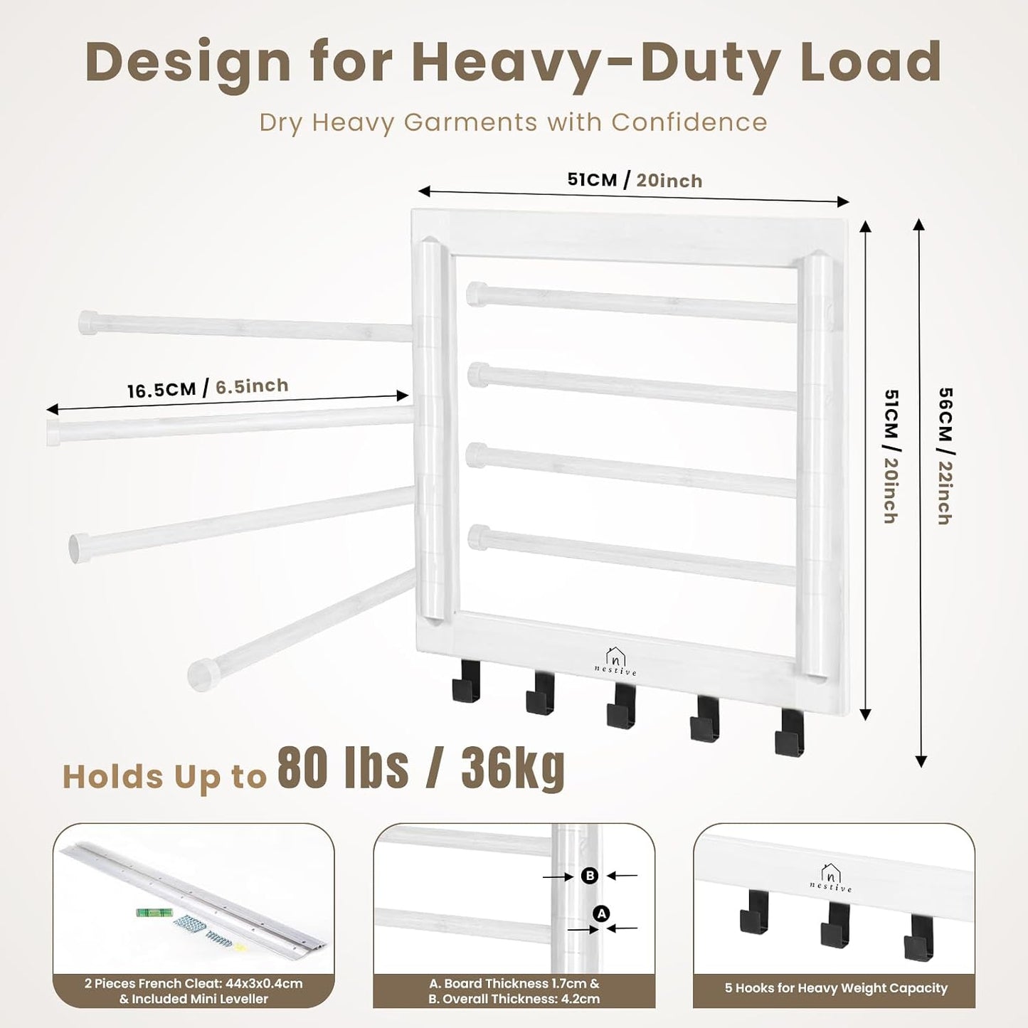 Bamboo Wall Mount Drying Rack for Laundry – Collapsible Foldable Clothes Dryer with 8 Arms & 5 Hooks, Space-Saving Laundry Hanger Dryer Rack, 20 Inch, 80 lb Capacity (Neutral)