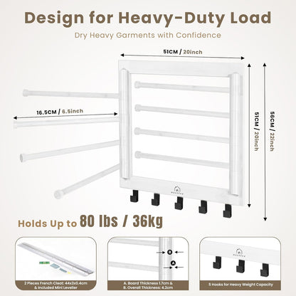 Bamboo Wall Mount Drying Rack for Laundry – Collapsible Foldable Clothes Dryer with 8 Arms & 5 Hooks, Space-Saving Laundry Hanger Dryer Rack, 20 Inch, 80 lb Capacity (Neutral)