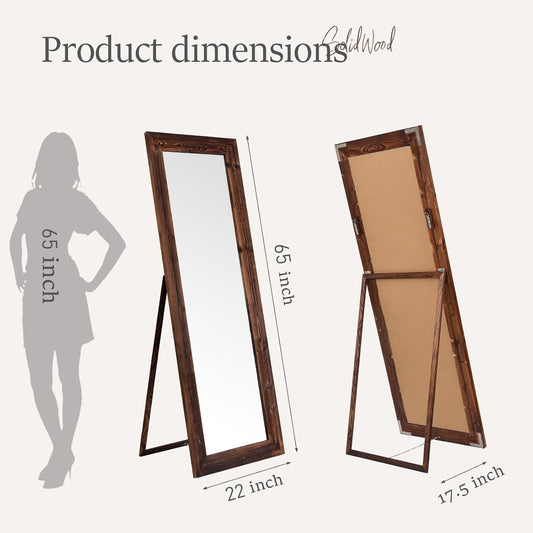 Full Body Mirror with Wooden Frame,Full Length Standing Floor Mirror for Farmhouse, Bathroom, Bedroom Decor, Hanging or Leaning Wall-Mounted,Brown
