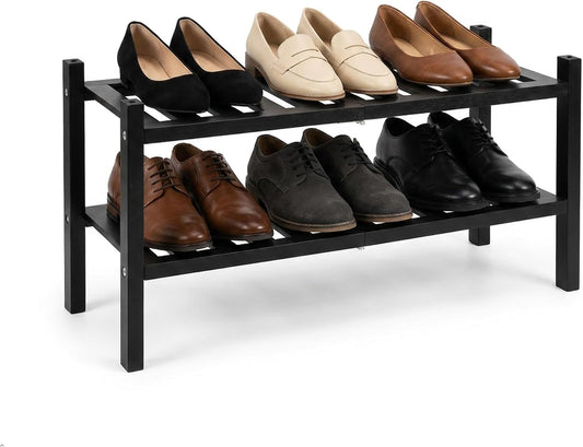 VICTORY RELAX 2 Tier Shoe Rack, Stackable Acacia Wood Shoe Organizer for Entryway, Closet, Hallway or Mudroom, Compact Short Shoe Shelf for Small Spaces, Natural Color