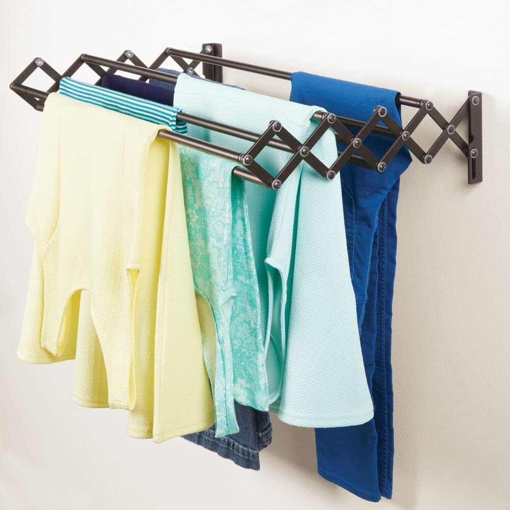 mDesign Steel Wall Mount Accordion Expandable Retractable Clothes Air Drying Rack - 8 Bars for Hanging Garments - Mounted Organizer for Laundry/Utility Room, Bathroom, Garage, Bardo Collection, Black