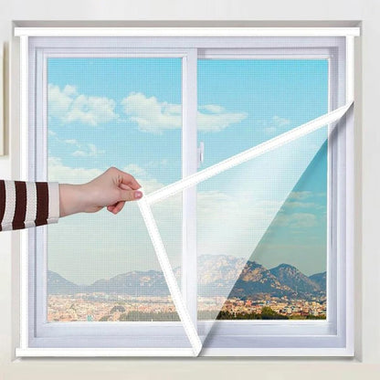31.5" x 47.2" Self Adhesive Fiberglass Window Screen with Hook and Loop Tape, White Frame Mesh Screen Curtain Window Repair Kits