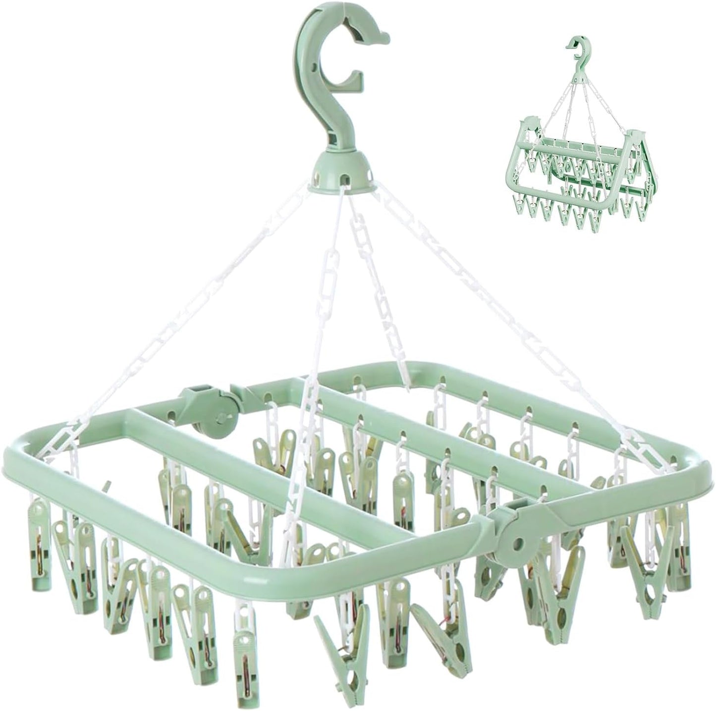 Laundry Drying Rack with 32 Hanger Clips, Foldable Clip Hangers for Drying Socks, Underwear & Towels, Portable Clothes Rack, 360° Rotatable Hook Plastic Baby Hangers (Light Blue)