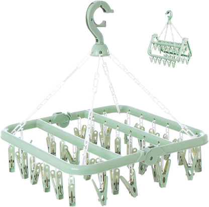 Laundry Drying Rack with 32 Hanger Clips, Foldable Clip Hangers for Drying Socks, Underwear & Towels, Portable Clothes Rack, 360° Rotatable Hook Plastic Baby Hangers (Light Blue)