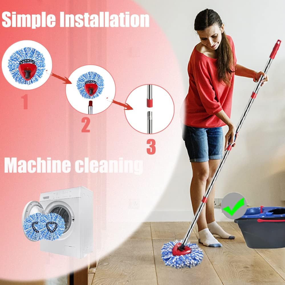 ANREKEYH Spin Mop Head, Base, Handle Replacement for O-Ceda EasyWring Microfiber Spin Mops, 2 Microfiber Mop Refills, 1 Triangle Head Cover and 30-58in Handle Set Combo (White(1 Tank System))