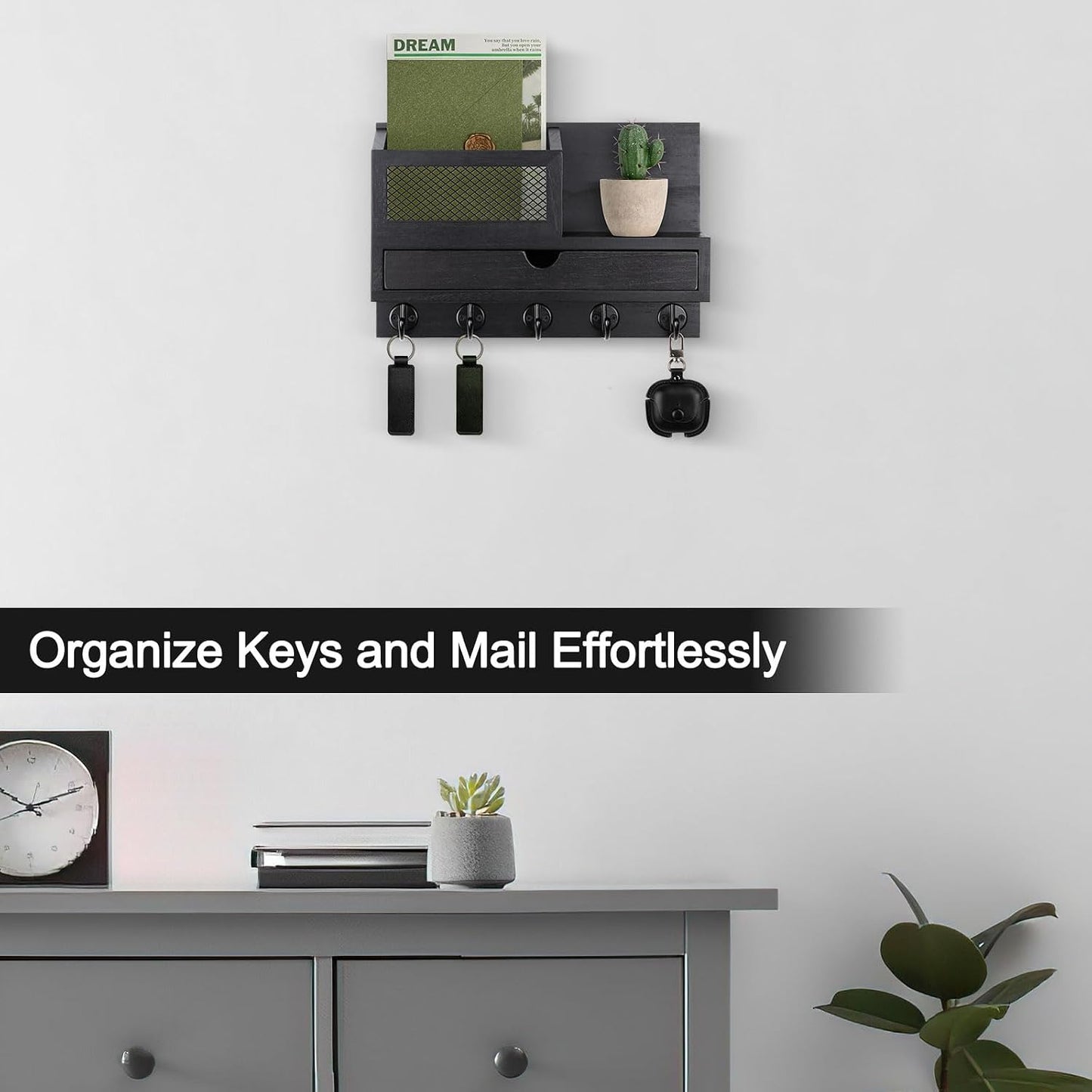 Key Holder Wall Mount, Key Holder for Wall with 5 Key Hooks and Storage Drawer Mail Organizer for Entryway Living Room Farmhouse Home Decor