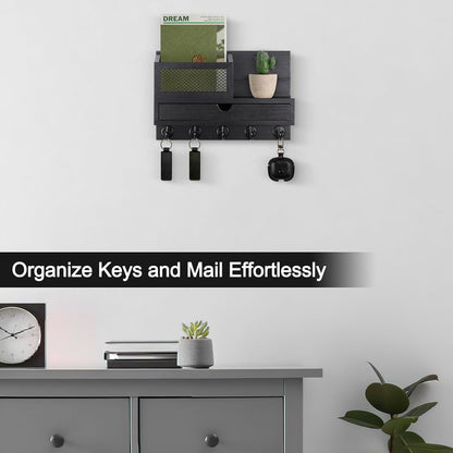 Key Holder Wall Mount, Key Holder for Wall with 5 Key Hooks and Storage Drawer Mail Organizer for Entryway Living Room Farmhouse Home Decor