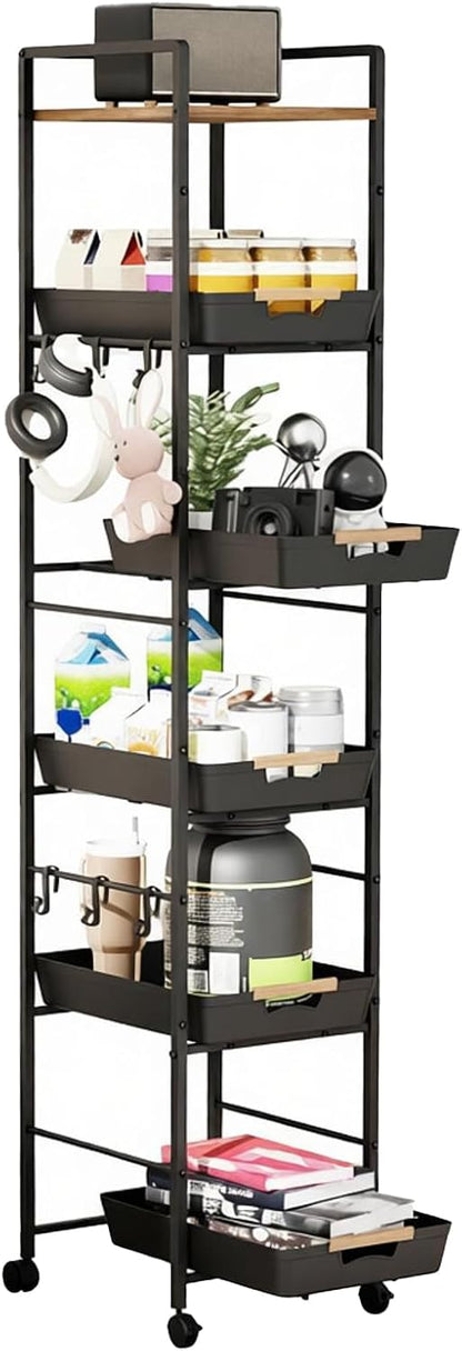 6 Tier Slim Storage Cart with Pull-Out Baskets Rolling Cart with Wheels Wood Top Narrow Utility Cart Metal Shelving Units for Pantry Laundry Room Bathroom Kitchen White 8in(W)