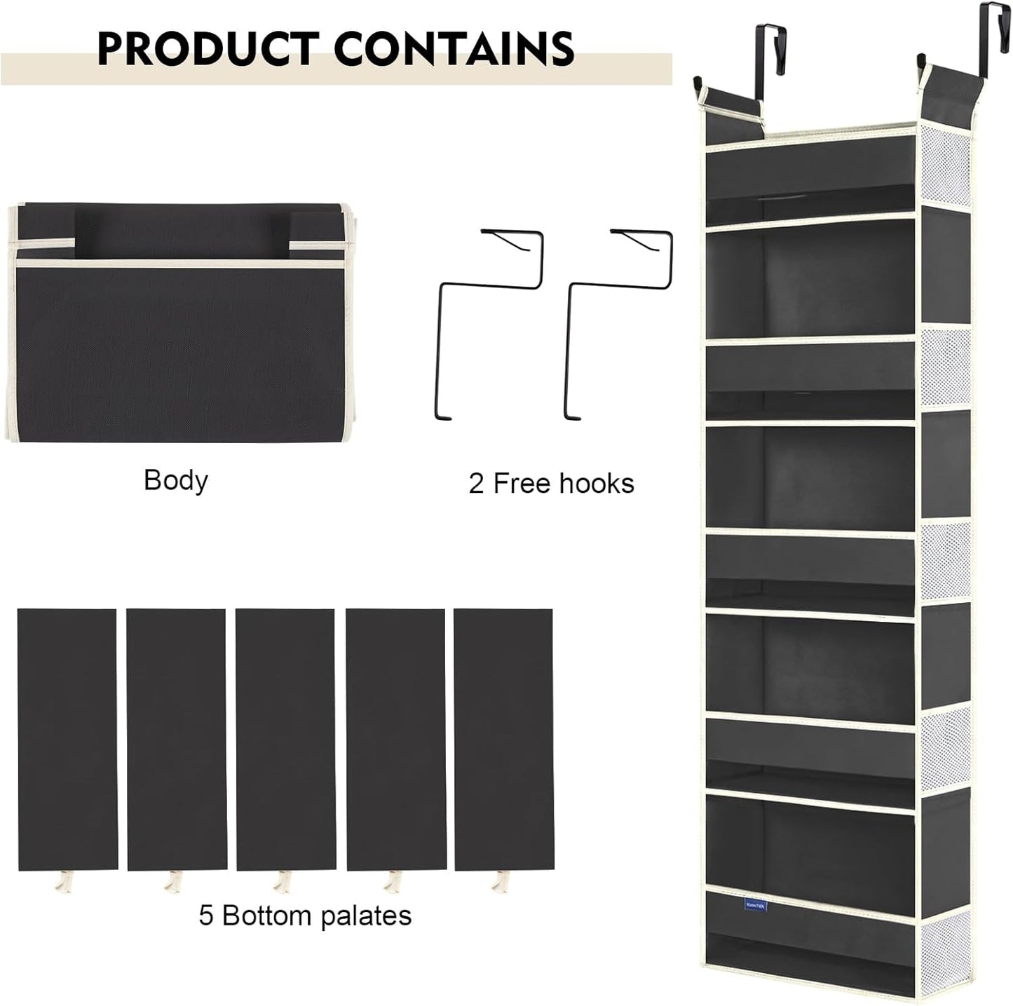 Over The Door Organizer 5-Shelves and 10 Side Pockets, Over The Door Storage for Bathroom Bedroom Nursery, Hanging Door Organizer for Baby Diapers and Kids Toys (13"x5"x44", Grey)