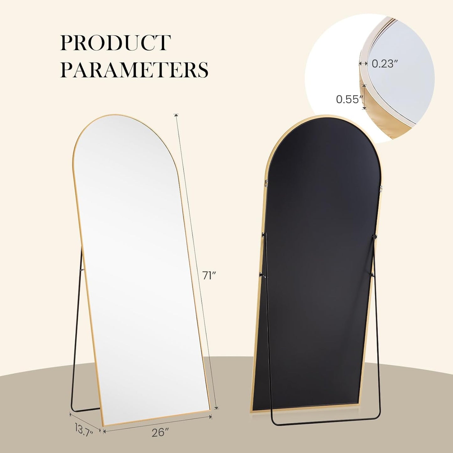 DUMOS 64"x21" Arched Full Length Floor Mirror, Full Body Mirror with Stand, Shatterproof Tempered Glass, Modern Aluminum Alloy Frame, Free Standing or Leaning for Home Decor, Gold