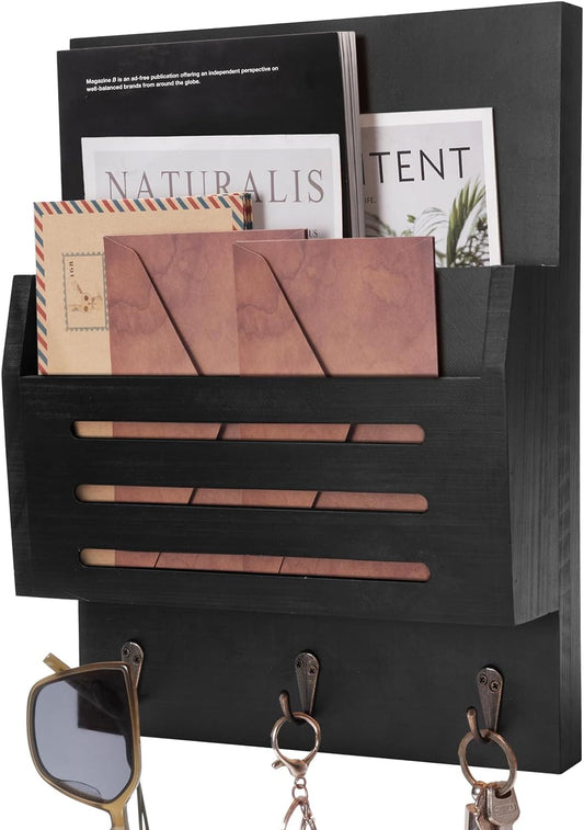 Key and Mail Holder Wall Mount, 2-Slot Wooden Mail Organizer with 3 Key Hooks, Decorative Mail Sorter Wall Mounted, Rustic Key Rack Hanger for Entryway, Farmhouse, Home Decor, Brown