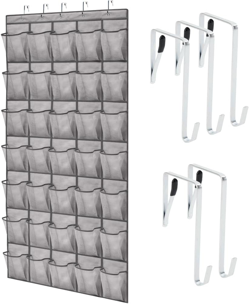 GORILLA GRIP Over the Door Shoe Organizer, 24 Large Breathable Mesh Pockets, Space Saving Hanging Storage Holder, Closet Rack Hanger Holds Up to 40 lbs, Hangs on Closets for Shoes, Accessories, Grey