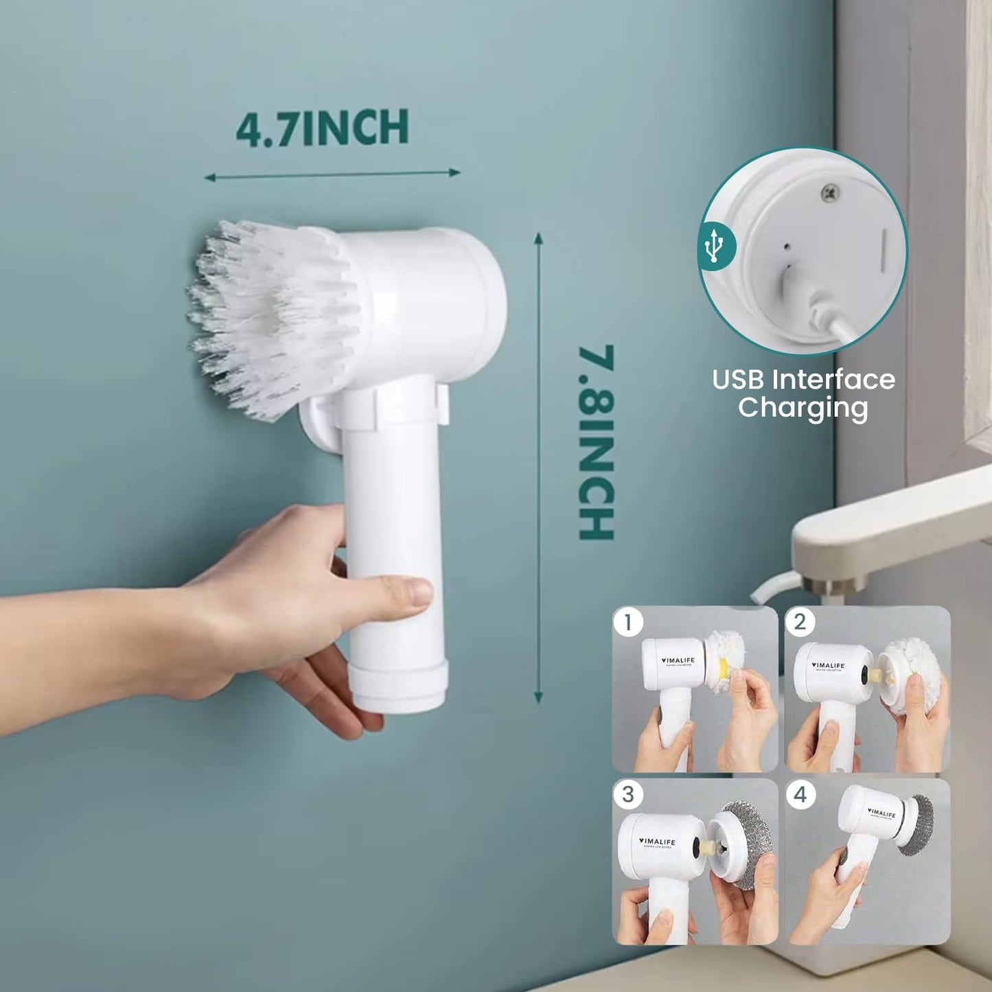 VIMALIFE Electric Spin Scrubber, Cordless Bathroom Scrubber IPX6 Waterproof with 5 Replaceable Heads, Power Scrub Brush for Shower, Tiles, Kitchen Scrub Brush for Cleaning