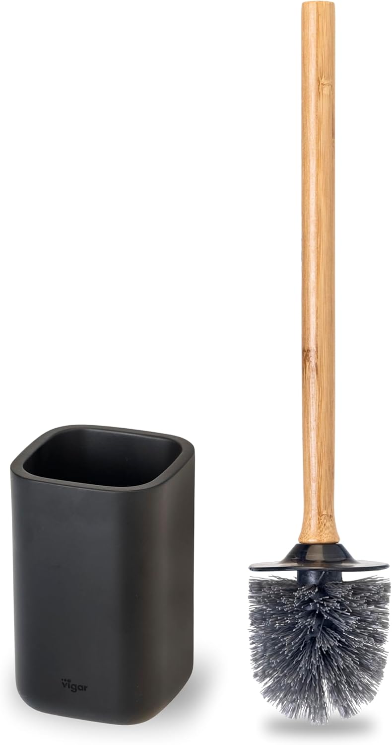 Vigar Zense Toilet Brush and Holder Set - Toilet Bowl Brush and Holder, Polyresin Stone Bathroom Accessory, Compact Toilet Cleaner Brush for Bathroom Decor and Toilet Accessories Set - White Marble