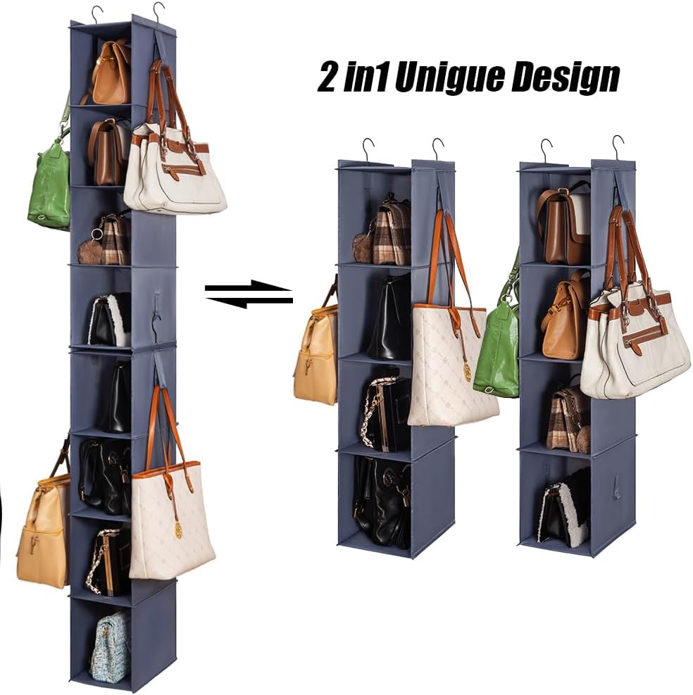 Hanging Closet Organizer Storage Shelf Rack Bag Sweater Hat Shoe | 59" Hang Closet Organization Storing Shelves Rack Display for Purse Handbag Clothes Space Saver Oxford Cloth Large Grey 2Pack