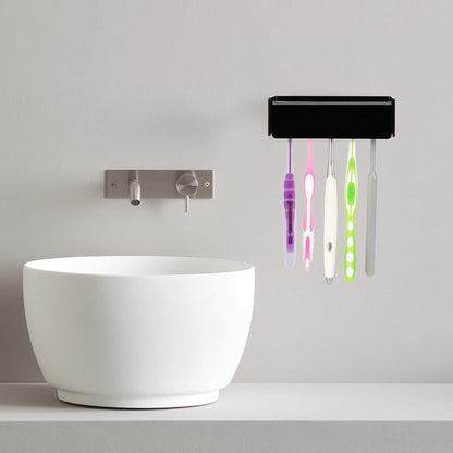 5 Slots Wall Mount Toothbrush Holder with Cover, Self Adhesive Toothbrush Storage Organizer for Shower, Toothbrush Hanger with Automatic Toothpaste Squeezer Dispenser