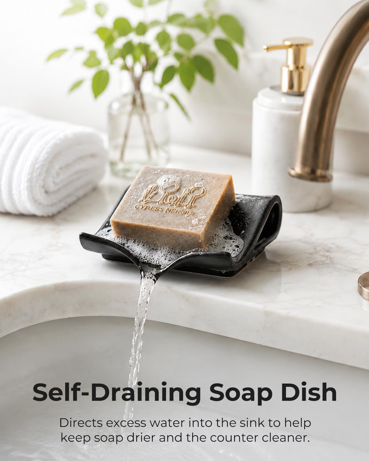 Zoeeker Self-Draining Soap Dish, Ceramic Soap Holder with Drain Spout Waterfall Drying Tray for Shower Bathroom Kitchen Sink Bathtub, Keep Soap Bars Dry, Blue