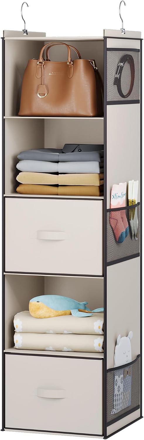 YOUDENOVA Hanging Closet Organizer, 5 Tier Hanging Closet Shelves with 6 Side Pockets and 2 Drawers, Black