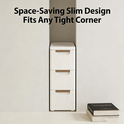 Storage Drawers on Wheels, 3-Drawer Slim Rolling Storage Cart with 4 Casters, Narrow Plastic Organizer for Bathroom Bedroom Kitchen Classroom, Space-Saving Mobile Cabinet