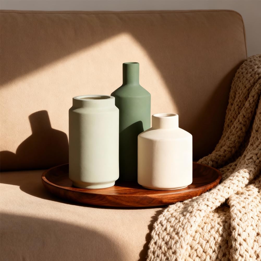 Neutral Ceramic Vase Set of 3 – Modern Decorative Vases, Small Flower Pottery Vase Sets, Boho Farmhouse Rustic Vases for Living Room, Kitchen, Bedroom, Bathroom, Shelf, Table