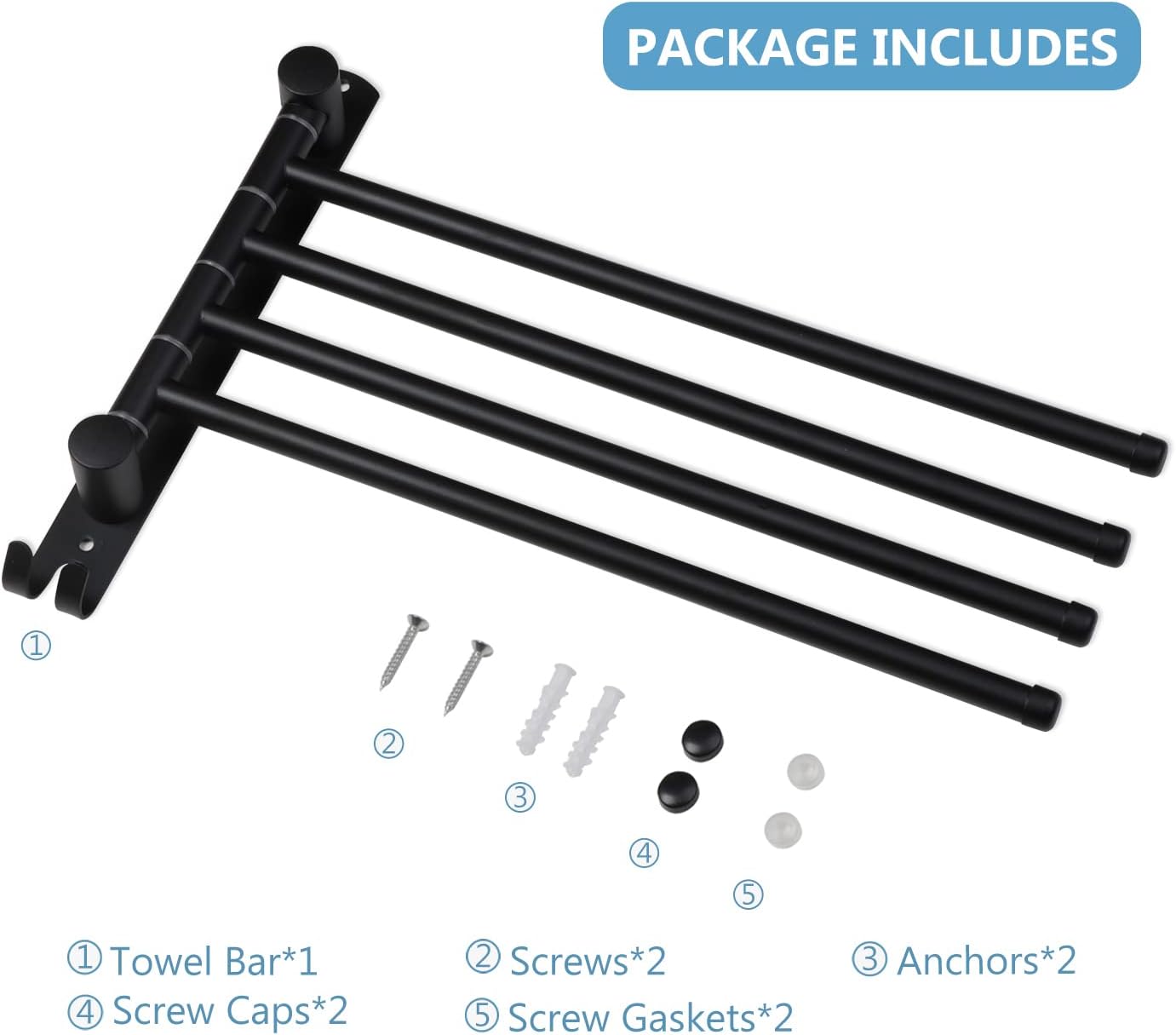 Towel Rack Wall Mounted JSVER Bathroom Towel Rack, Space Saving Towel Holder, 13.4 Inches Swivel SUS304 Stainless Steel Towel Bar, 180° Rotation 6 Arms Towel Racks for Bathroom