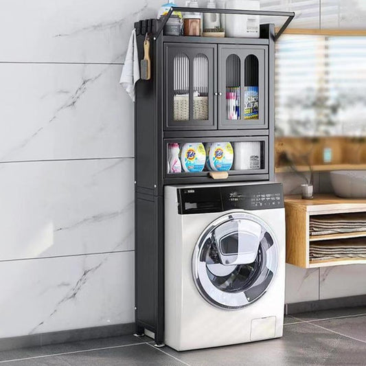 Above Washing Machine Shelf with with Flip-Top Door, Multi-Story Floor Laundry Room Storage Rack with Drying Rod and 4 Hooks for Laundry Room(White)