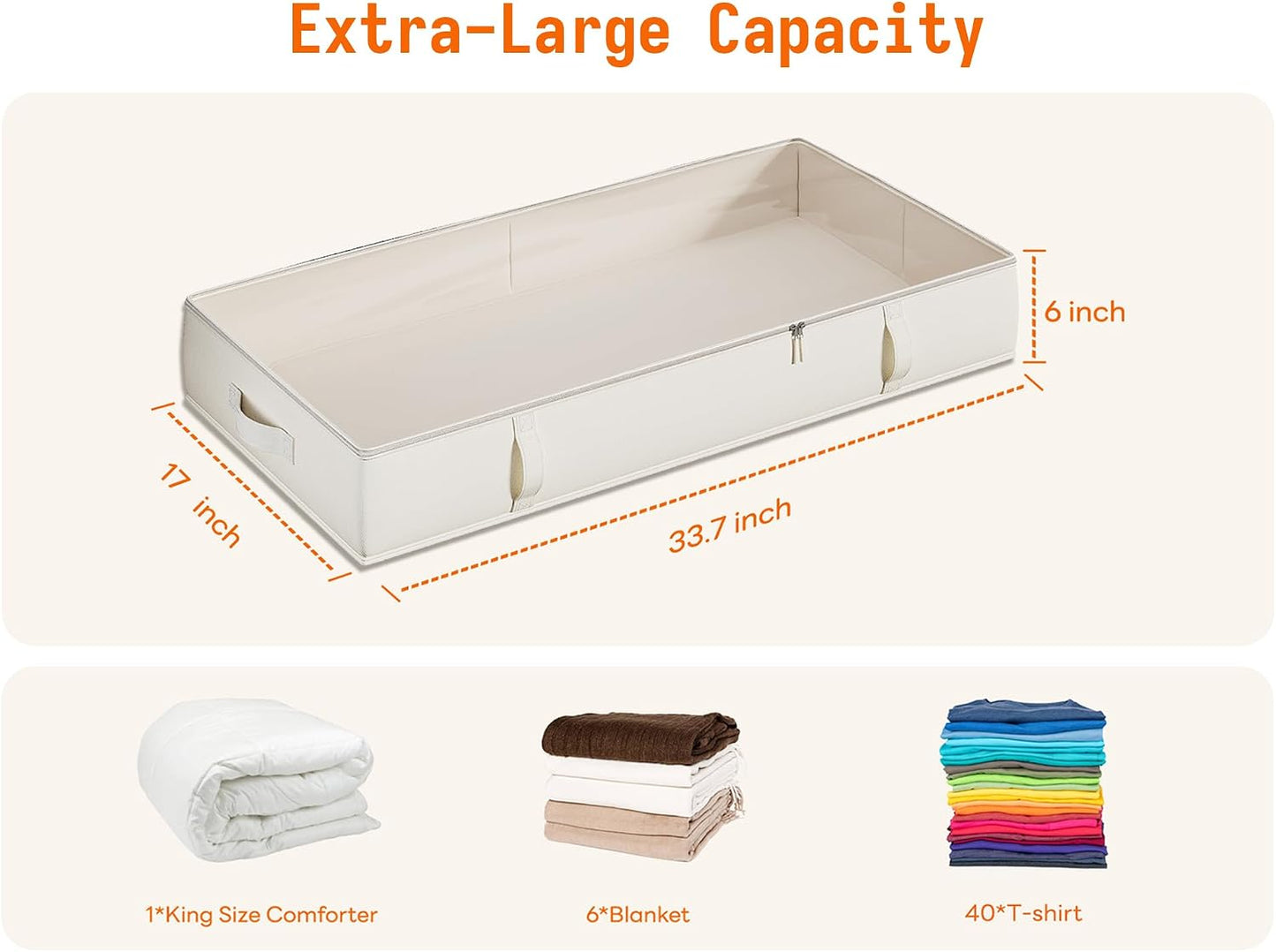 Vailando Side-Supported Under Bed Storage Containers, 6 Inches Tall 60L Underbed Storage Bins with Sturdy Handles and Sidewalls, Closet Organizer for Clothes, Blankets, Seasonal Items, Beige, 2-Pack