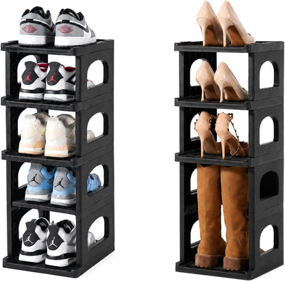 5 Tiers Vertical Shoe Rack, Narrow Free Standing Shoe Storage Organizer for Entryway and Small Closet, Stackable Shoe Holder Shelf Stability DIY, Black