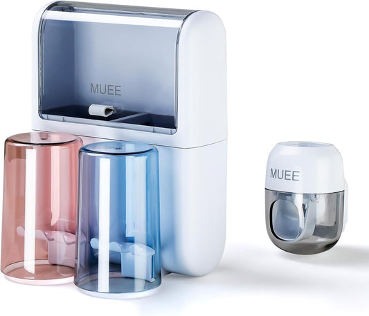 Toothbrush Holder Wall Mounted with Automatic Toothpaste Dispenser, Dustproof Flip Cover and Inverted Cup Slots, Multi-Functional No-Drill Bathroom Organizer for Family, Space Saver (3 Cups)