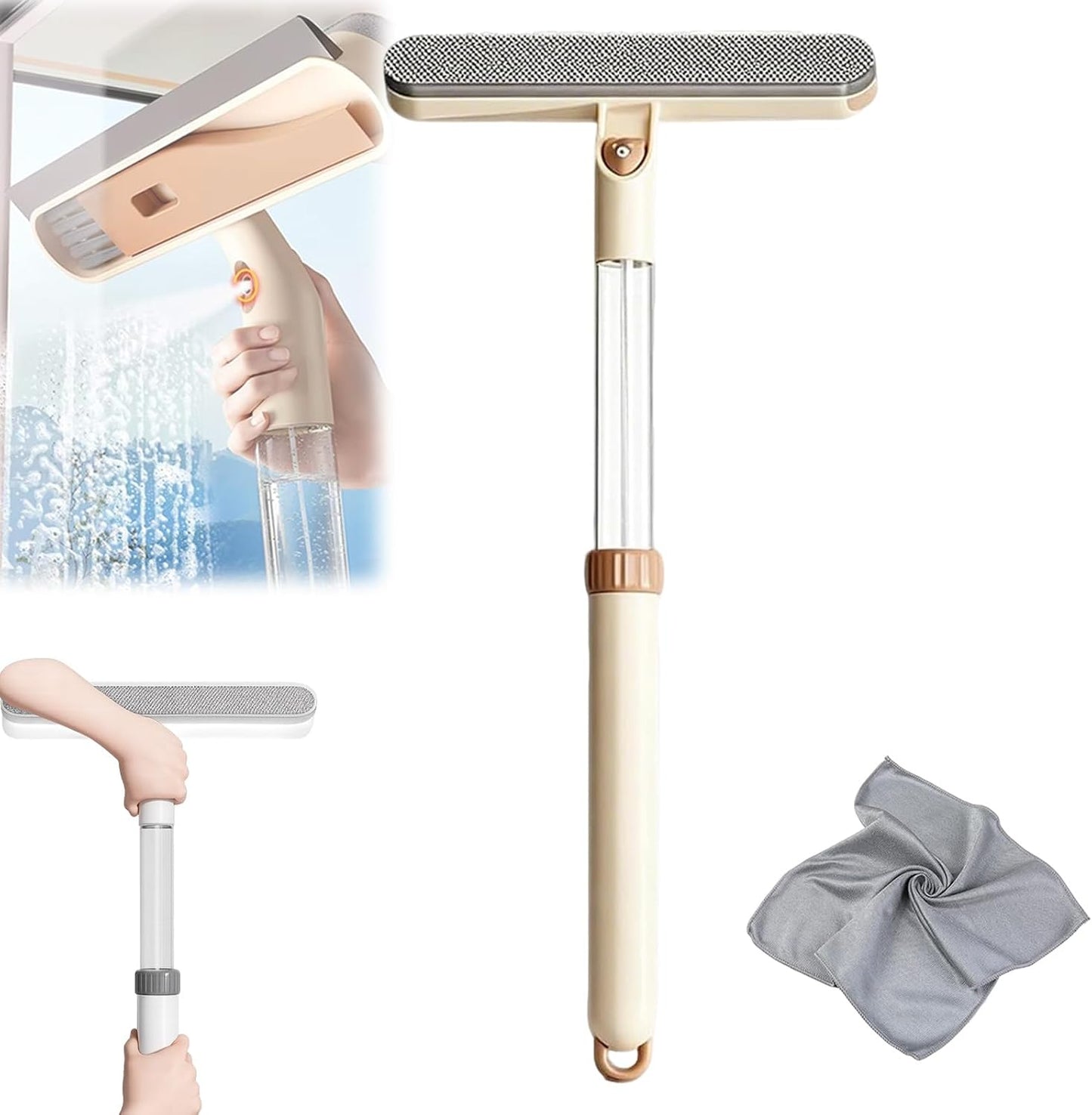 3-in-1 Double-Sided Window Screen Cleaning Brush, Window Screen Cleaner Tool with Squeegee, Dual-Use Wet & Dry Cleaning Brush with Built-in Crevice Tool, Long Handle for Home, Office & Car (Yellow*1)