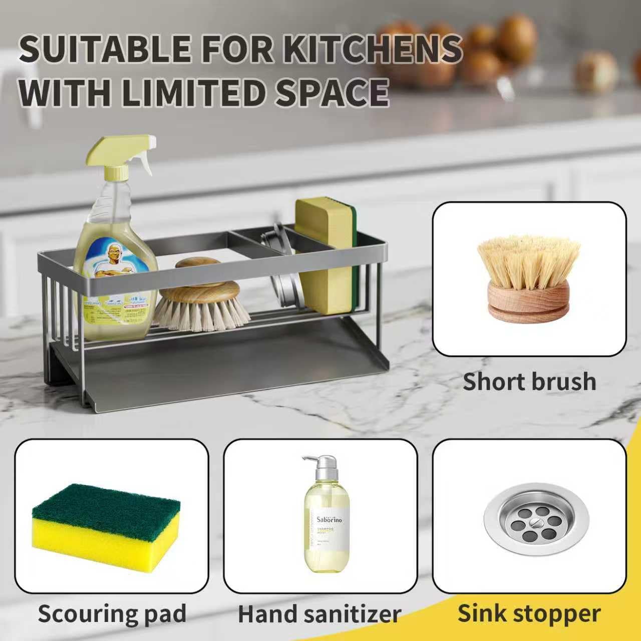 Kitchen Sink Caddy Organzier with Sponge Holder and Removable Drip Tray for Kitchen Sink, 304 Stainless Steel Organize for Sponge Soap Dish Brush Storage Accessories(Black)