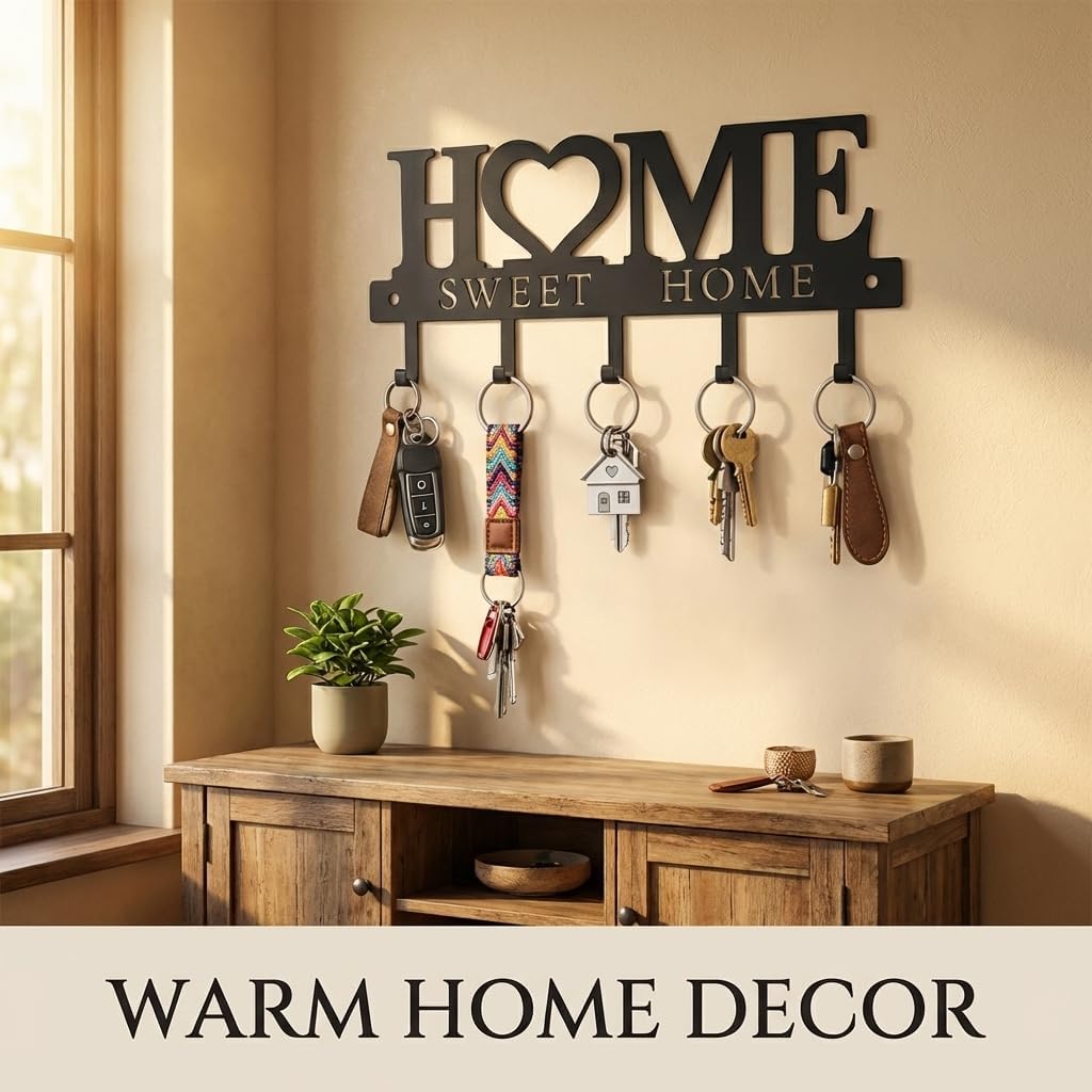 Key Holder Hooks Organizer Hanger Rack Wall Mounted Sweet Home Metal Decor Stylish and Practical for Entryway Front Door Kitchen Hallway Garage Mudroom Office Hardware Included Black