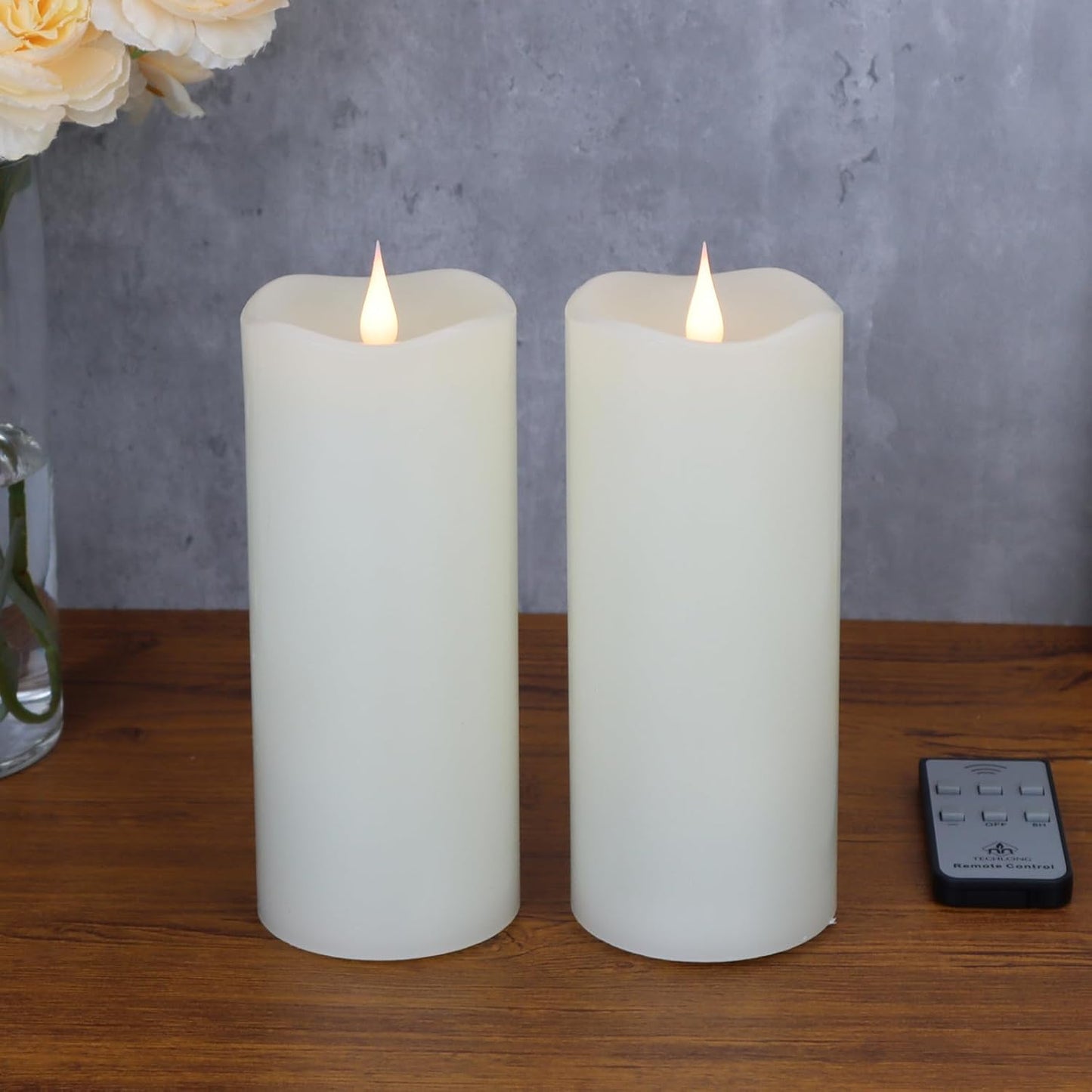 TECHLONG Flameless Candles with Remote Timer, 3D Moving Flickering Flame Battery Operated Candles Lasting 1000+ Hours, 3" x 5" Ivory Real Wax Electric LED Pillar Candles, Set of 2