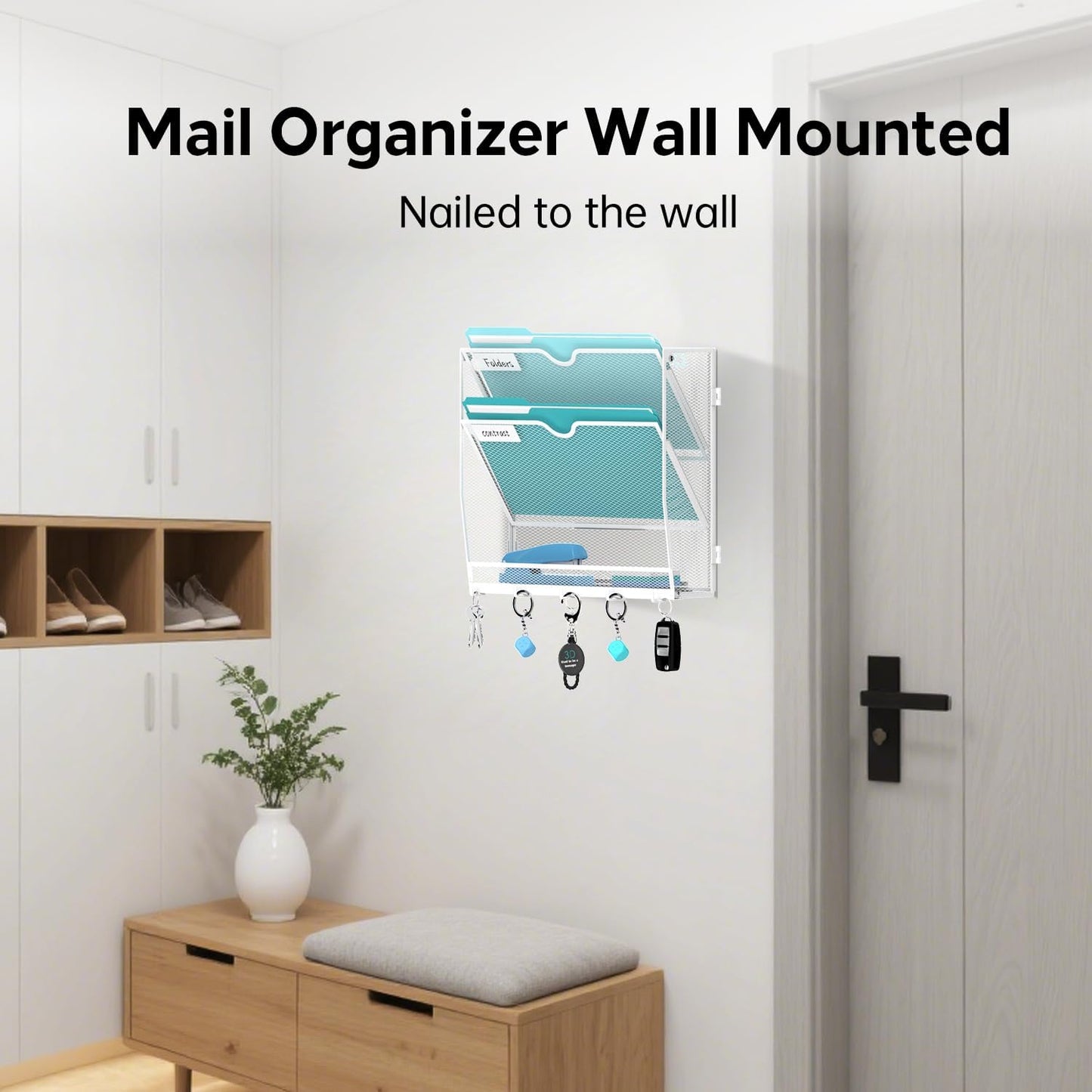 5 Tier Wall File Organizer - Hanging File Organizer with 5 Hooks, Mail Holder Wall Mounted for Papers, Folders, Magazines, Bills, Office&School Organization, Black