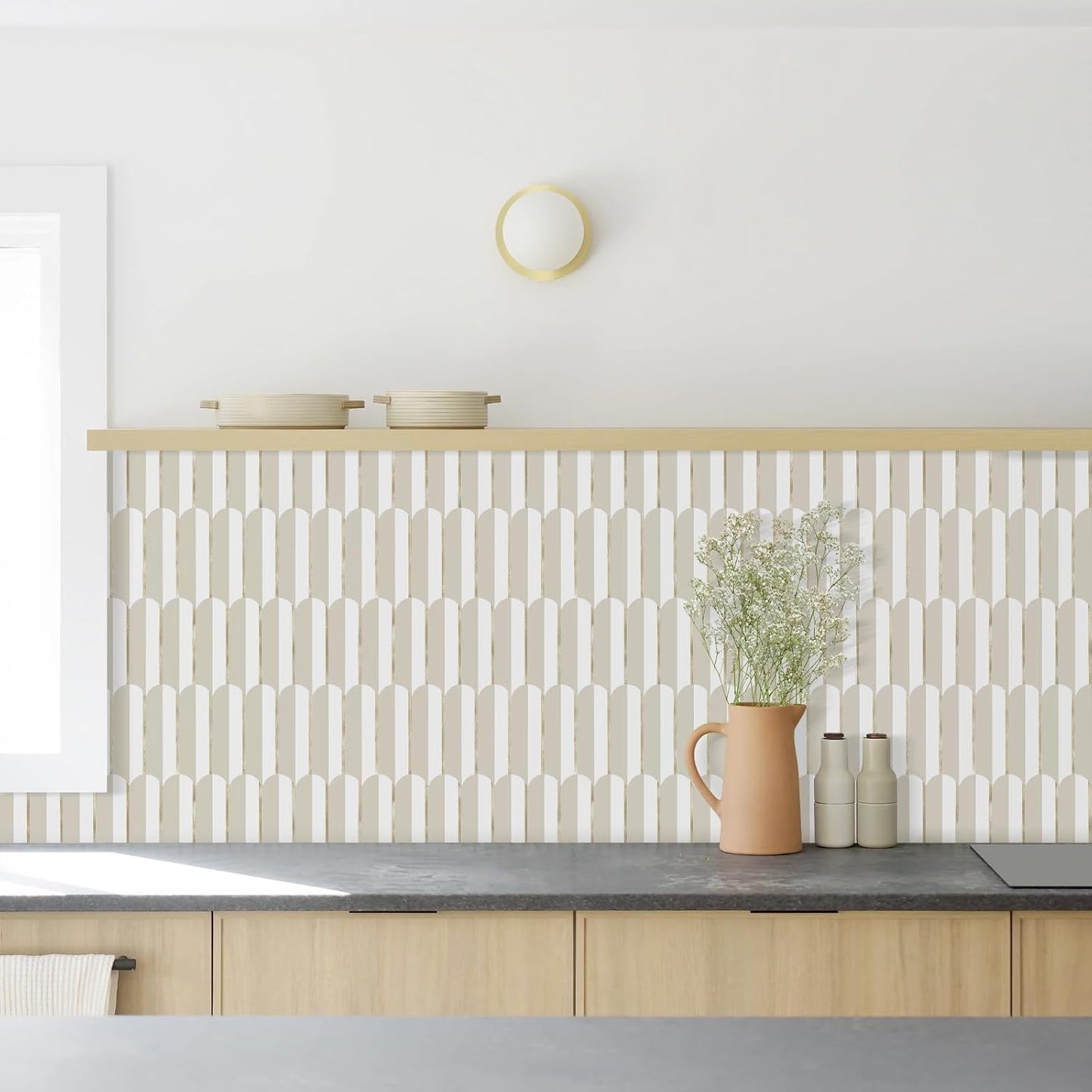 Vamos Peel and Stick Backsplash Seamless Tile for Kitchen and Bathroom,White and Beige Slate PVC Mixed Light Gold Self Adhesive Fish Scale Metal Mosaic Tiles (10 Sheets)
