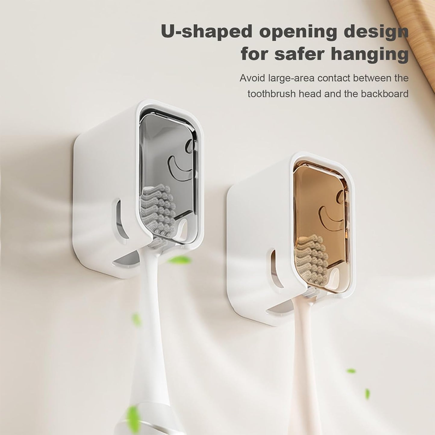 ROOM127 Wall Mounted Toothbrush Holder Set with Toothpaste Dispenser, Amber | 5-Piece Set with 4 Covered Individual Slots, No-Drill Adhesive Mount and Pump-Style Squeezer for Manual or Electric Brushes