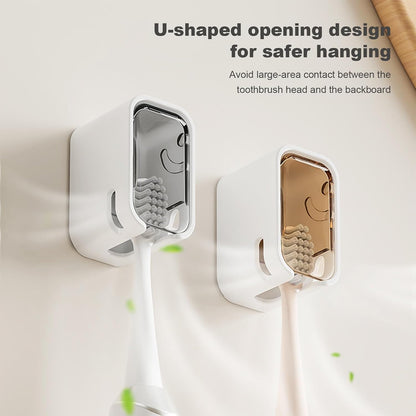 ROOM127 Wall Mounted Toothbrush Holder Set with Toothpaste Dispenser, Amber | 5-Piece Set with 4 Covered Individual Slots, No-Drill Adhesive Mount and Pump-Style Squeezer for Manual or Electric Brushes