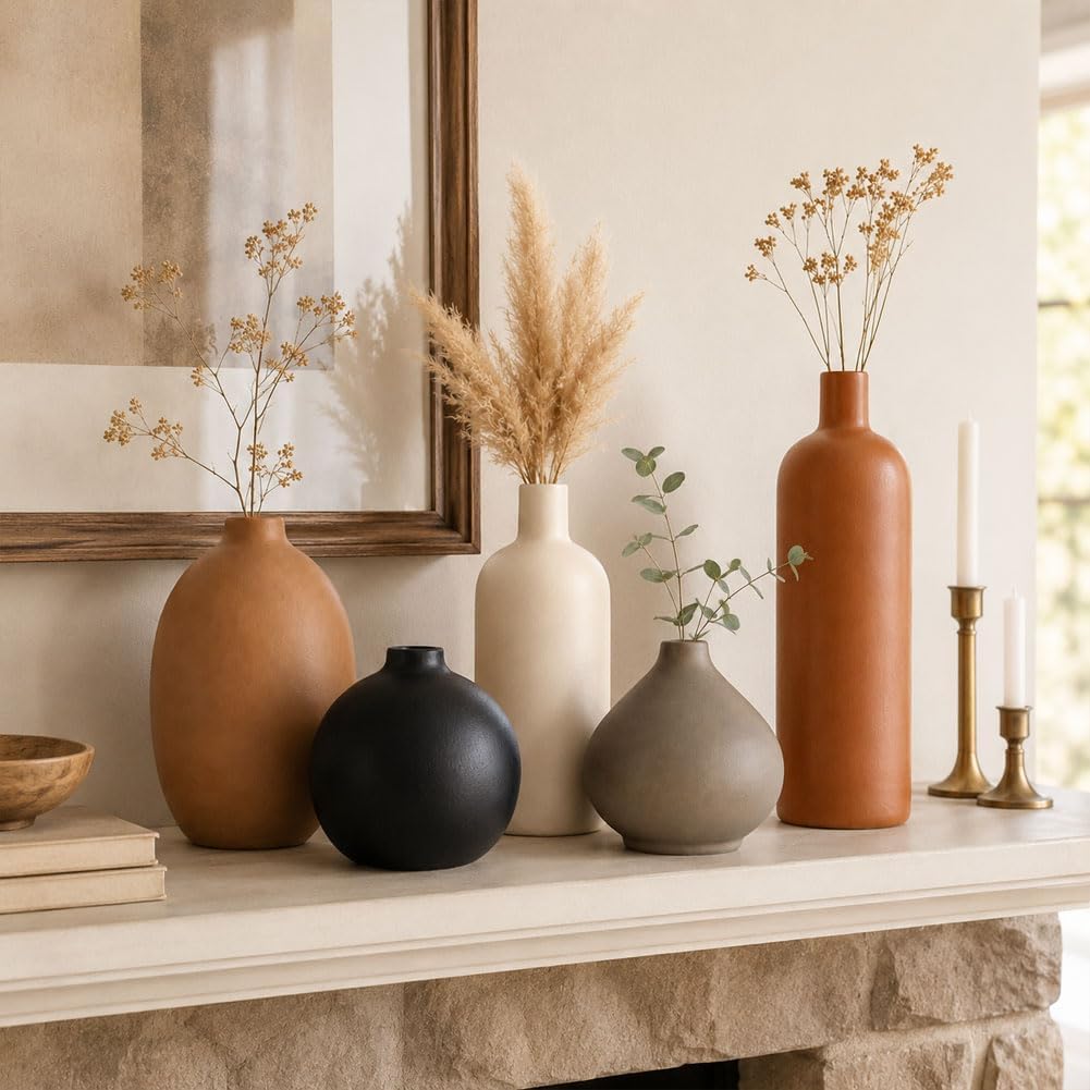 Ceramic Vase Set of 4, Modern Vases Home Decor, Neutral Decorative Vase for Bouquet Pampas Grass Dried Fresh Flowers, Small Vase for Living Room, Kitchen, Bedroom, Bathroom, Entryway Mantel, Decor