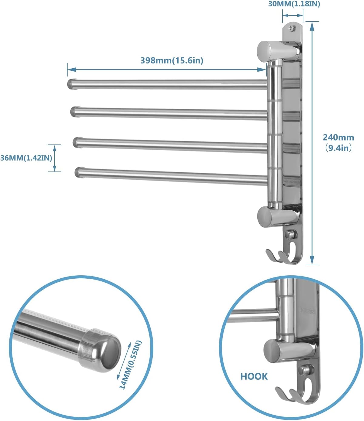 Towel Rack Wall Mounted JSVER Bathroom Towel Rack, Space Saving Towel Holder, 13.4 Inches Swivel SUS304 Stainless Steel Towel Bar, 180° Rotation 6 Arms Towel Racks for Bathroom