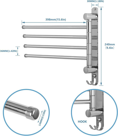 Towel Rack Wall Mounted JSVER Bathroom Towel Rack, Space Saving Towel Holder, 13.4 Inches Swivel SUS304 Stainless Steel Towel Bar, 180° Rotation 6 Arms Towel Racks for Bathroom