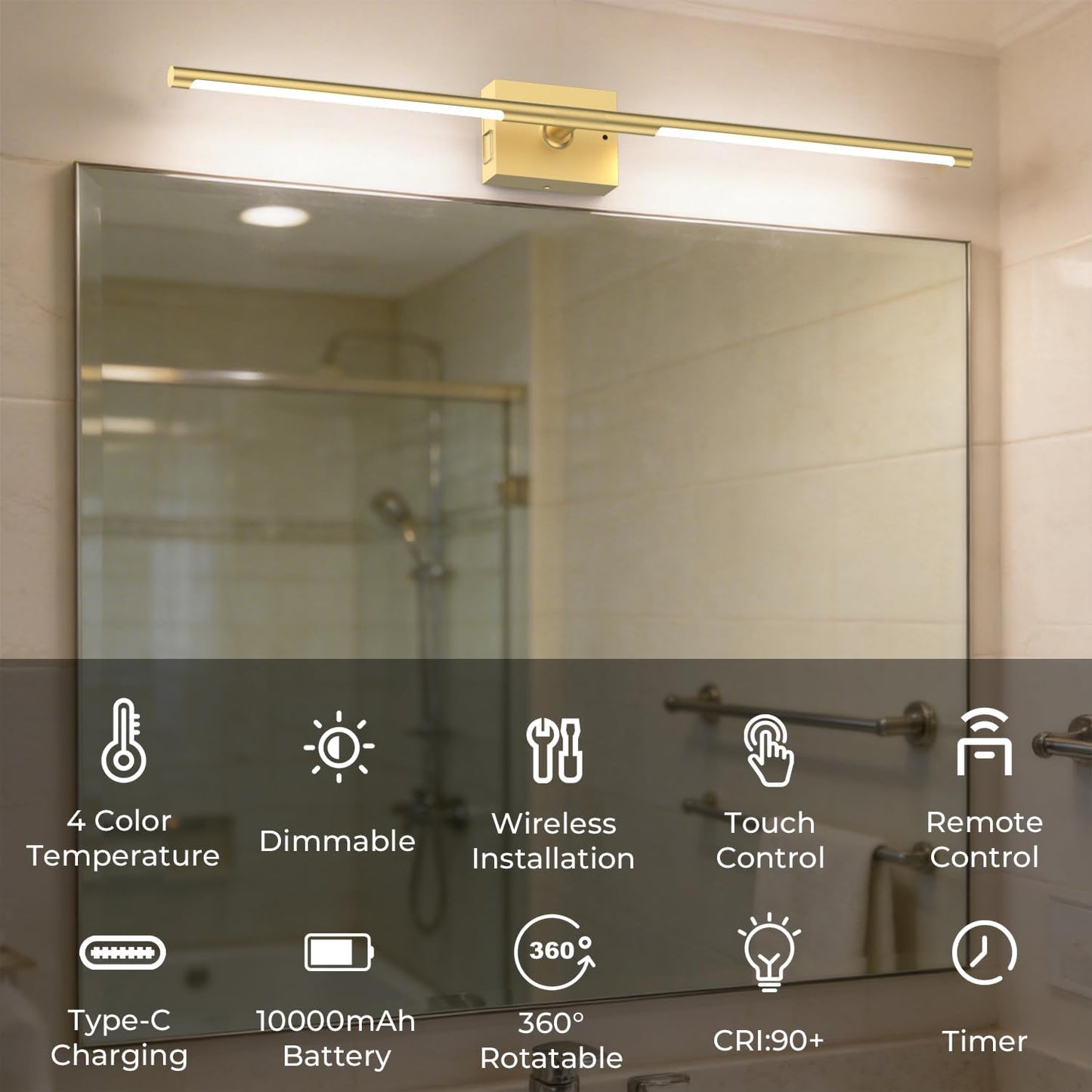 Battery Operated Wall Sconce Set of Two - 10000mAh Cordless Rechargeable Wall Sconces with Remote & Touch Control, 360°Rotate, 4CCT Dimmable Gold Wall Lights for Bedroom Living Room, 31.5 inch