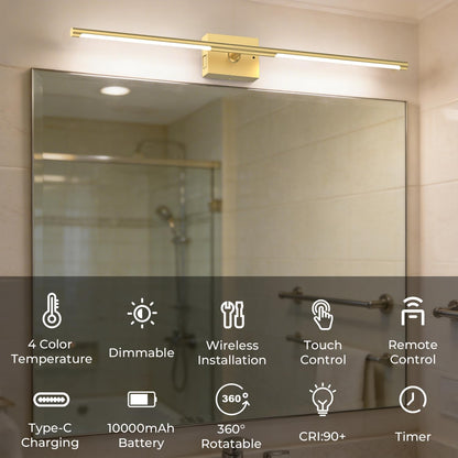 Battery Operated Wall Sconce Set of Two - 10000mAh Cordless Rechargeable Wall Sconces with Remote & Touch Control, 360°Rotate, 4CCT Dimmable Gold Wall Lights for Bedroom Living Room, 31.5 inch