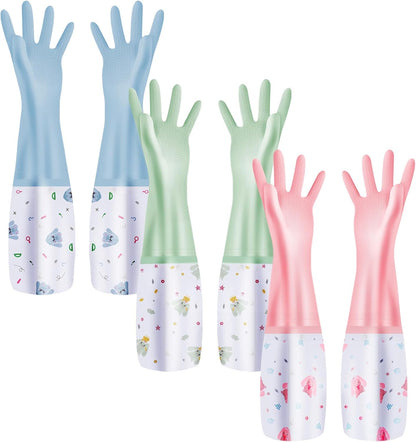 XJMWXHFC 3Pcs Reusable Dishwashing Gloves, Waterproof Long Cuff Non-Slip Household Gloves With Cotton Lined For Laundry, Cleaning, Working, Gardening