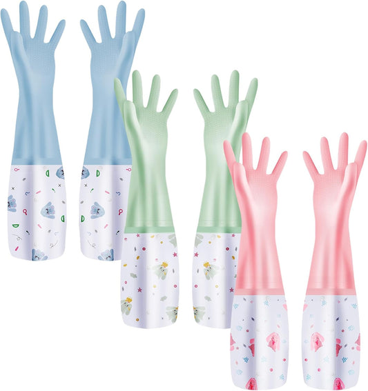 XJMWXHFC 3Pcs Reusable Dishwashing Gloves, Waterproof Long Cuff Non-Slip Household Gloves With Cotton Lined For Laundry, Cleaning, Working, Gardening