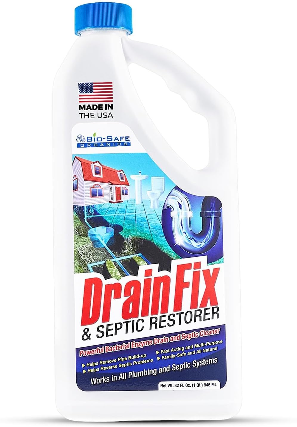 DrainFix & Septic Restorer – 32 oz Enzyme Septic Tank Treatment & Drainfield Restoration – Organic Drain Cleaner for Sewer Lines, RV & Home Plumbing – Safe for Pipes & Septic Systems
