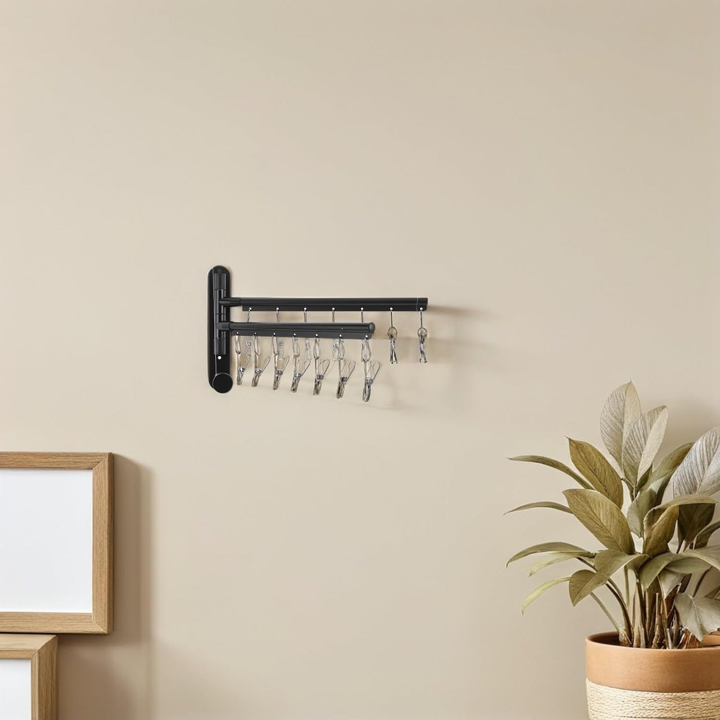 OSALADI Wall Mounted Utility Rack with 2-Tier Stainless Steel Multi Bar and 360° Rotating Arms, Black Clothes Drying Rack with No-Drill Installation and Strong Loadbearing for Laundry