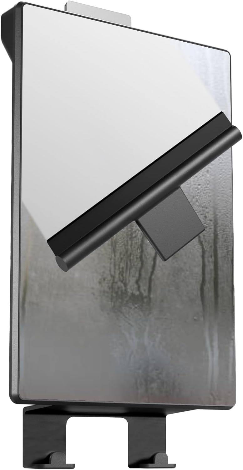 HONEYBULL Fogless Shower Mirror for Shaving – Anti Fog Mirror for Shower with Water Tank, Adhesive Hook Mount, Bonus Razor Holder & Squeegee – for Men and Women, Small Bathroom Accessory (Black)